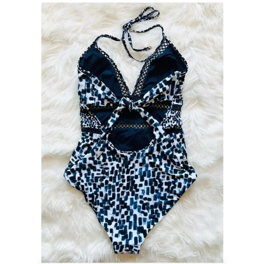 REISS Swimsuit Size 10 NEW Gia Halter Neck Lattice Trim Lasercut $170 Blue Print